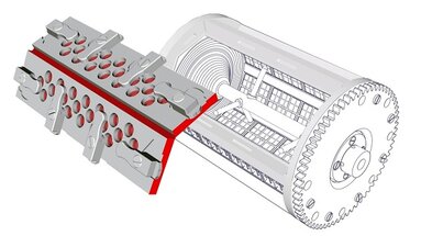 GALVANET mit vergrößerter Trommelöffnung | © Richard Tscherwitschke GmbH Grafische Darstellung einer geöffneten Galvanisiertrommel, darüber schwebt ein Deckel, der passend zur sechseckigen Trommelgeometrie geknickt ist mit Drehverschlüssen | © Richard Tscherwitschke GmbH
