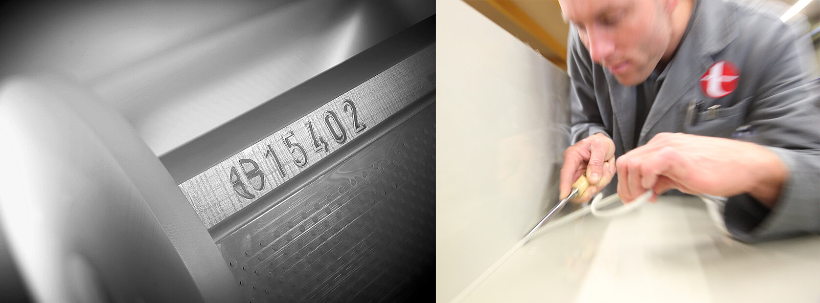 Links Galvanisiertrommel mit eingeprägter Tscherwitschke Nummer rechts Mitarbeiter in der Produktion arbeitet an einer Schweißnaht | © Richard Tscherwitschke GmbH